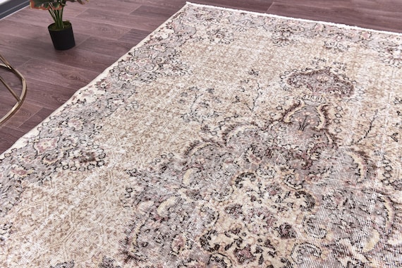 6x10 Vintage Faded Area Rug, Cream Color, 6x10 Medallion Design, 6x10 Living Room Rug, 6x10 Unique Style Distressed Rug, Handmade Area Rug