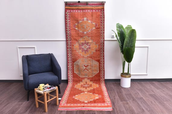 3x10 Vintage Handmade Traditional Stair Runner Rug, Red Orange Color