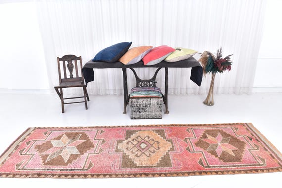 Antique Vintage Turkish Rug, 3x10 Pinkish Runner Rug, 3x10 Runner Rug, 3x10 Retro Handmade Soft Wool Runner Rug, 3x10 Boho-Decor Runner Rug,