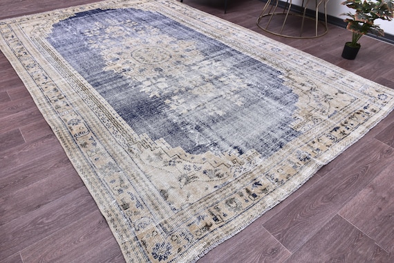 7x11 Vintage Faded Rug, Blue Cream Rug, 7x11 Floral Area Rug, 7x11 Living Room Rug, 7x11 Faded Distressed Rug, 7x11 Handmade Large Area Rug