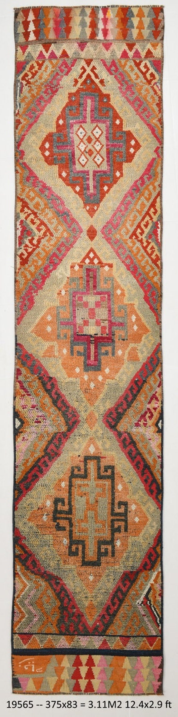 3x12 Runner Rug, 3x12 HERKI PERSIAN RUNNER, 3x12,  Handmade Oushak Rug, 3x12 Persian Runner, Red & Pink, Vintage Runner 3x12, Rustic Rugs