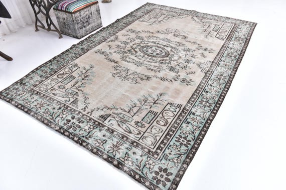 6x9 Vintage Faded Rug, Green Beige Color, 6x9 Area Rug, Farmhouse Decor, Botanical Design Rug, 6x9 Rug, Living Room Rug,