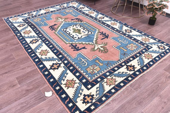 6x9 Vintage Turkish Milas Area Rug, Handmade Wool, Area Rug For Living Room Bedroom, Blue Salmon Color