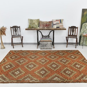 6x9 Area Rug, 6x9 Pumpink Orange Kilim, 6x9 Vintage Turkish Kilim Rug, 6x9, Turkey Handknotted Kilim, Orange Brown Kilim, Rug For Bedroom