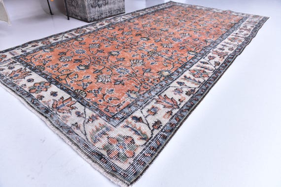 4x7 Vintage Floral Accent Rug, 4x7 Ivory Blue All Over Floral Design, 4x7 Small Area Carpet, 4x7 Vintage Home Decor,  Turkish Oushak Rug