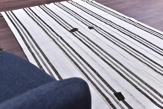 5x8 Vintage White Black Hemp Rug, 5x8, Organic Handmade Vintage, Modern Striped Style, 5x8 Area Rug, Rugs For Living Room Bedroom