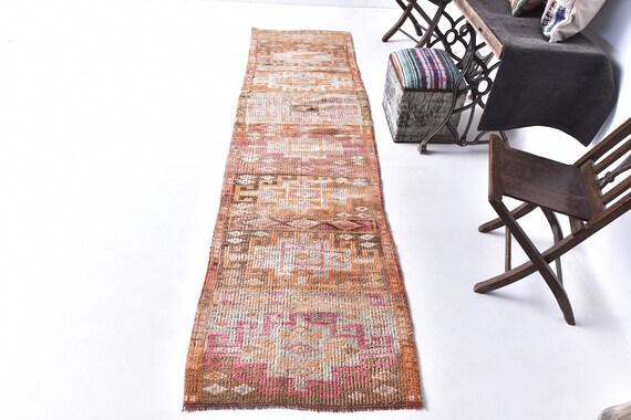 3x11 TURKISH VINTAGE RUNNER Rug, 3x11 Vintage Runner, Aesthetic Handmade Wool Rug, 3x11 Rugs, Brown Orange Rug, Rug For Hallway Entrway