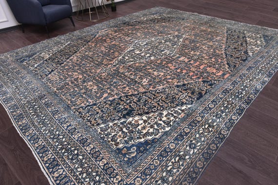 10x13 Antique Persian Area Rug, Salmon Navy Blue White Color, 10x13 Handwoven Area Rug, 10x13 Oriental Rug, 10x13 One of a Kind, 10x13 Rug