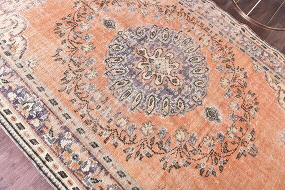 6x10 Vintage Distressed Orange Rug, 6x10 Blue Orange Area Rug, Pastel Color, Handmade Wool Rug, 6x10 Living Room Bedroom Rug 6x10 Rug