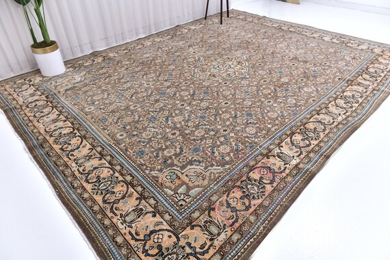 10x13 Antique Handmade Unique Living Room Rug, Brown Salmon Green Color, Traditional Rug