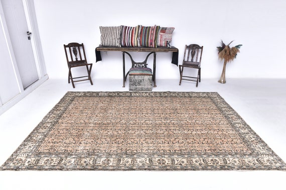 7x10 Brown Beige Vintage Rug, 7x10 Oversize Vintage Rug, Large Area Rug, 7x10 Rug, Handmade Wool Rug Floral, 7x10 Area Rug, Vintage Rug 7x10