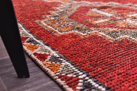 3x10 Vintage Rug, 3x10 Handmade Wool, 3x10 Geometric Medallion Runner, Red Orange Color, 3x10 Hallway Runner Rug, 3x10 Rug