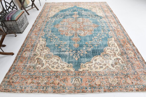 8x11 Vintage Persian Style Rug, 8x11 Faded Distressed Rug, Handmade Wool Rug, 8x11 Tribal Rug, 8x11 Area Rug, Blue Rug, Coral Blue Rug