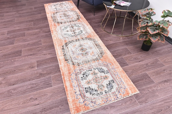 2x10 Vintage Faded Runner Rug, Handmade Wool, Orange Cream Color, Medallion Design, Hallway Rug