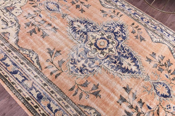 6x10 Vintage Faded Rug, Orange Navy BlueColor, 6x10 Handmade Wool Rug, Living Room Rug, 6x10 Distressed Rug, Farmhouse Decor, 6x10 Areas Rug