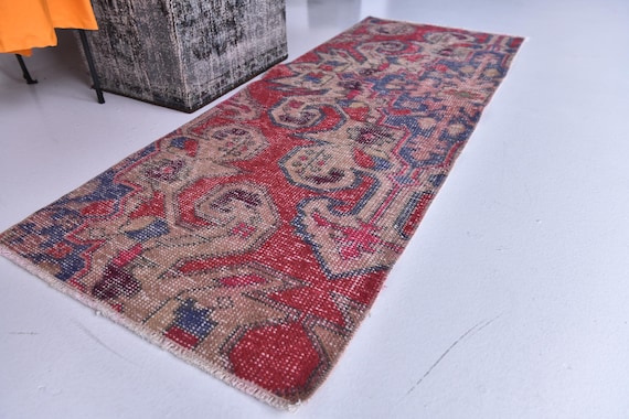 2x5 Vintage Runner Rug, 2x5 Hallway Rug, Red Blue Color, Vintage Runner, 2x5 Rug, Handwoven Wool Rug, 2x5 Runner Rug, 2x5 Turkish Runner