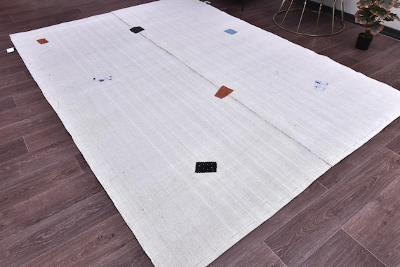 7x9 Patchwork Hemp Kilim Rug, Handmade Hemp Kilim Rug, 7x9 White Gray Color, Authentic Kilim Rug, 7x9 Living Room Bedroom Rug