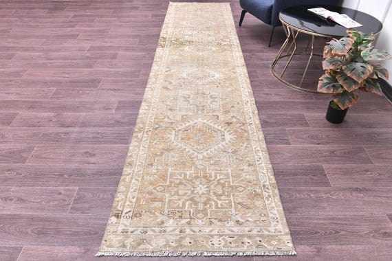 3x12 Antique Persian Heriz Runner Rug, Cream Brown Copper Color, Handmade Oriental Rug, 3x12 Hallway Rug, 3x12 Persian Runner, 3x12 Rug