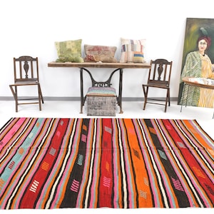 6x9 Area Rug, 6x9 Pinstriped Kilim, 6x9 Vintage Turkish Kilim Area Rug, Wool Handwoven Kilim, 6x9 Kilim Rug, Orange Red Tone Kilim, Antique