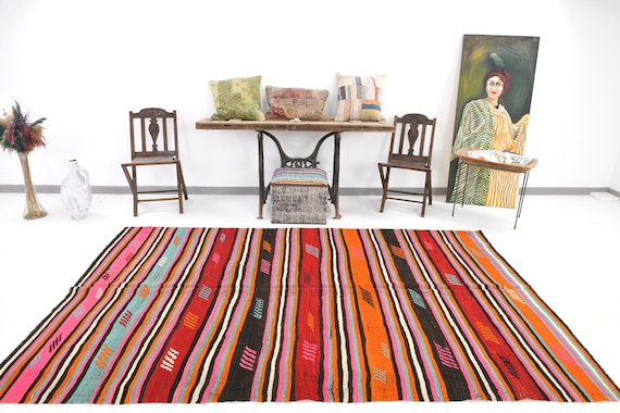 6x9 Area Rug, 6x9 Pinstriped Kilim, 6x9 Vintage Turkish Kilim Area Rug, Wool Handwoven Kilim, 6x9 Kilim Rug, Orange Red Tone Kilim, Antique