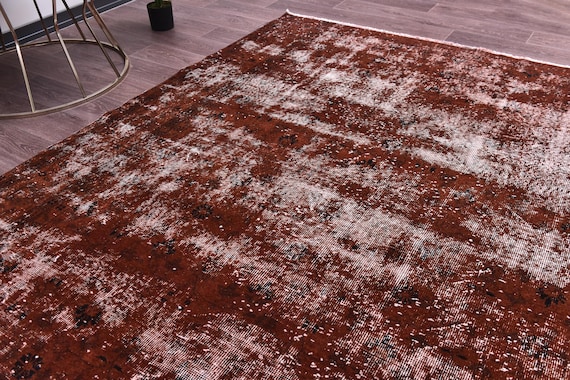 7x8 Vintage Burgundy Turkish Rug, Handmade Wool Rug, 7x8 Overdyed Burgundy Color, Abstrach Patterned Rug, Farmhouse Rug, 7x8 Living Room Rug