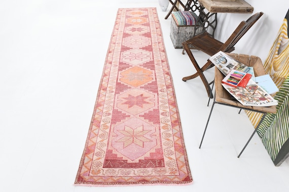 3x13 Pink Turkish Vintage Runner Rug, 3x13 Vintage Runner, 3x13  Rug, Soft Handmade Wool Rug, 3x13 Turkish Runner, Red & Pink Carpet, 57s
