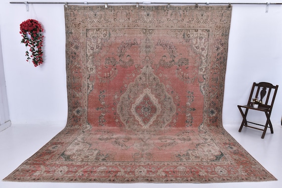 10x12 Red Brown Persian Vintage Area Rug, Oversize Area Persian  Stile Rug, Large Living Room Rug, Wool Handmade 10x12 Area Rug, 10x12 Rugs