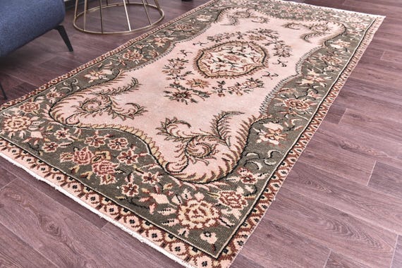 5x8 Vintage Turkish Wool Rug, Faded Terracotta Floral Design, 5x8 Handmade Wool Rug, Medallion Area Rug, Farmhouse Decor