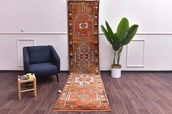 2x12 Vintage Taupe Hallway Rug, Turkish Handmade Wool Rug, Kithcen Rug, 2x12 Tribal Rug, Taupe Peach Color