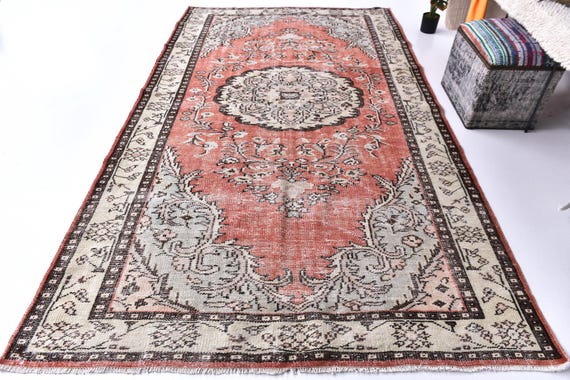 5x9 Vintage Muted Red Oriental Rug, 5x9 Persian Style Distressed Rug, Bohemian Home Decor,  5x9 Traditional Design,
