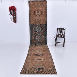 3x15 Blue Brown Persian Runner Rug, 3x15 Persian Runner, 3x15 Rug, Handmade Wool Rug, 3x15 Runner Rug, 3x15 Vintage Runner, Hallway Runner