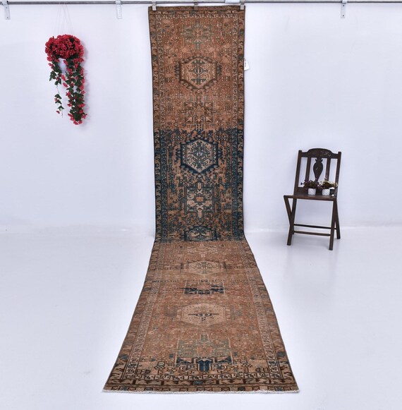 3x15 Blue Brown Persian Runner Rug, 3x15 Persian Runner, 3x15 Rug, Handmade Wool Rug, 3x15 Runner Rug, 3x15 Vintage Runner, Hallway Runner
