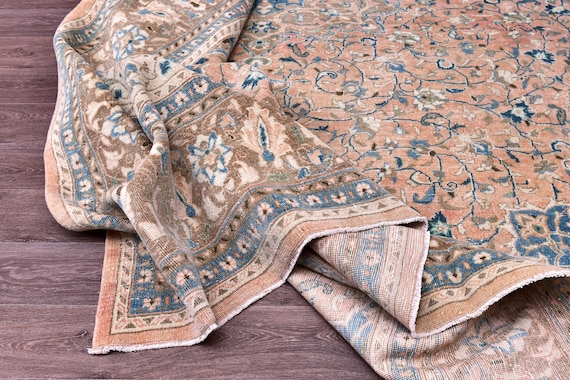10x12 Antique Handmade Wool Unique Rug Salmon Blue Oversize Oriental Rug