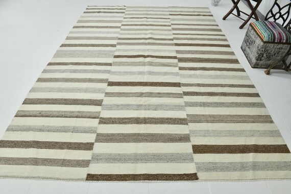 8x10 Area Rug 8x10 Vintage Rug 8x10 Oversize Vintage Rug Handmade Wool Modern Rug 8x10 Rugs Brown Beige Carpet Mid Century Modern Kilim 8x10