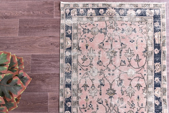 3x11 Vintage Pink Floral Runner Rug, Pink Blue Cream Color, Handmade Wool Rug, 3x11 Hallway Kithcen Rug, 3x11 Traditional Runner Rug