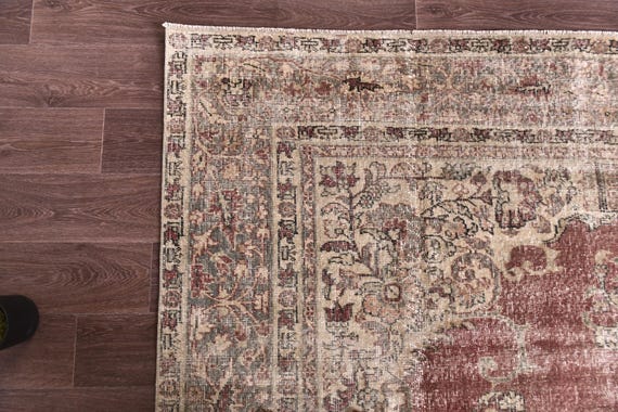 8x11 Vintage Faded Area Rug, Burgundy Cream Color Rug, 8x11 Handmade Wool Rug, 8x11 Area Rug, Farmhouse Decor, Medallion Rug, 8x11 Area Rug