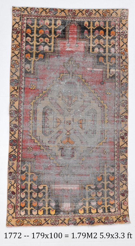 3x6 RUG, 3x6 Turkish Vintage Rug, Beige & Red Rug, Handmade Oushak Rug, Faded Vintage Rug, 3x6 Area Rug,Turkey Rug,Turkish Carpet,