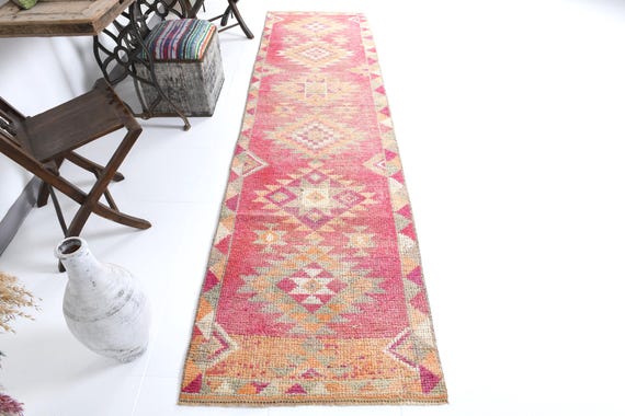 3x10 TURKISH VINTAGE RUNNER Rug, 3x10 Vintage Runner, Herki Handmade Wool Rug, 3x10 Rugs, Shade Of Pink & Orange Rug, Turkish Runner 3x10