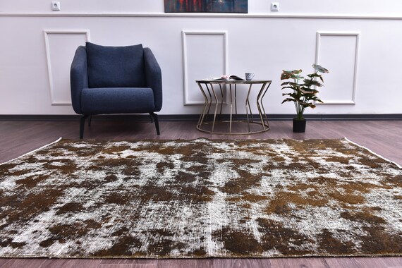 5x8 Vintage Turkish Faded Rug, 5x8 Handmade Wool Rugs, Brown Golden Mustard Color, 5x8 Floral Design,  5x8 Area Rugs, Living Room Rugs