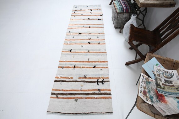 2x9 Modern Striped Hemp Runner Rug, 2x9 Hemp Runner, Neutral Handmade Hemp, 2x9 Rugs, Shades Of White & Orange Hemp, Rug For Hallway Hall