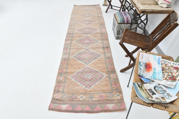 3x12 Rug 3x12 Turkish Vintage Rug Oushak Handmade Rug 3x12 Runner Rug Faded Pink Rug Traditional Old Rug Turkey Rug Vintage Runner Carpets