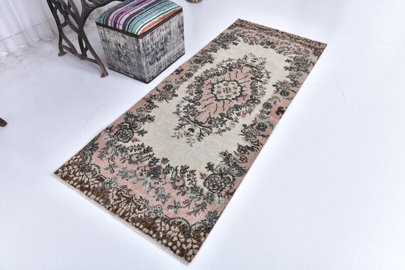 3x7 Vintage Salmon Runner Rug, Salmon Brown Green Color, Handmade Wool, 3x7 Accent Rug, 4x7 Living Room Bedroom Rug, 3x7 Hallway Rug