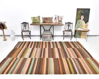 7x10 Area Rug, 7x10 TURKISH VINTAGE KILIM Rug, 7x10 Oversized Kilim, Wool Handmade Oushak Kilim, Rugs 7x10, Brown & Bronze Kilim, Kilim 7x10