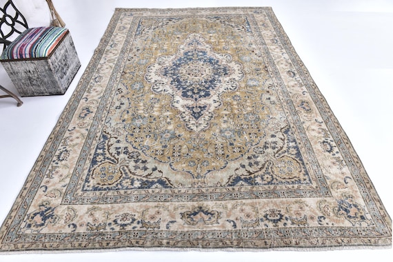 7x10 Area Rug, 7x10 Oversize Vintage Oushak Rug, Oversize Rug, Large Area Rug, Handmade Vintage Rug, 7x10 Muted Colored, Faded Yellow Blue,