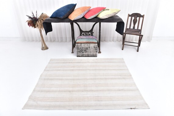 4x5 Hemp Area Rug, 4x5 Oversize Hemp, 4x5, Neutral Handmade Hemp, 4x5 Rugs, White & Beige Hemp Rug, 4'3'''3''x5'2'''3'' Ft. Turkish Hemp Rug
