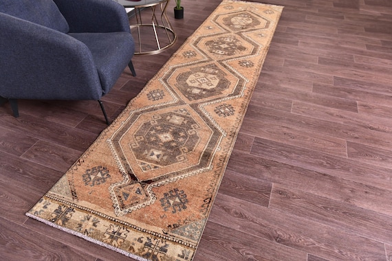 3x12 Vintage Turkish Brown Runner Rug, Handmade Wool Runner, 3x12 Brown Color, Hallway Rug, Turkish Brown Rug 3x12 Farmhouse Rug Kithcen Rug