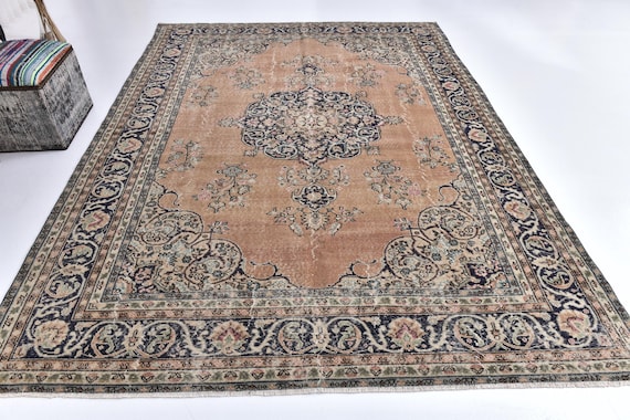 Antique Vintage Unique Rug, 7x10 Unique Rug ,7x10 Orange & Blue Unique Rug, 7x10, Washable Handmade Large Wool Rug, 7x10 Retro Rug 1960's