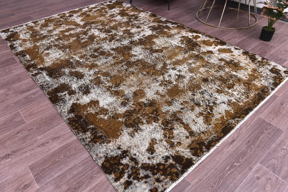 6x9 Vintage Faded Turkish Rug, Handmade Wool Rug, 6x9 Distressed Gold Beige Brown, Ethnic Patterned Rug, Farmhouse Rug, 6x9 Living Room Rug