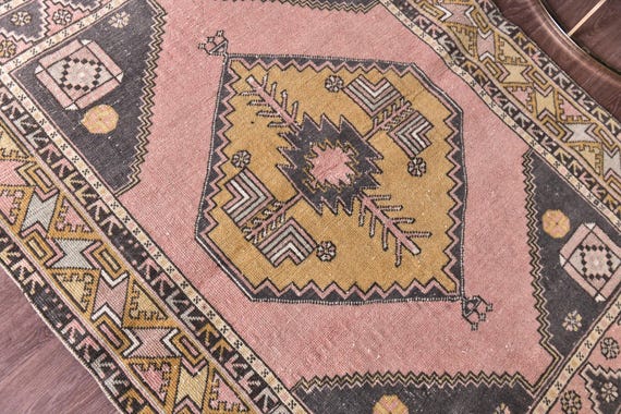 4x5 Vintage Turkish Small Rug, Salmon Pink Mustard Color, Handmade Wool Rug, 4x5 Turkish Accent Rug, 4x5 Traditional Rug, Naturel Wool Rug