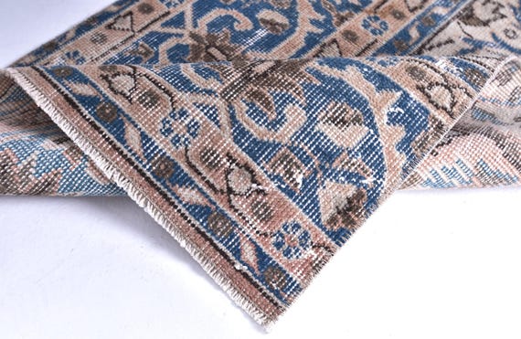 2x5 Blue Beige Vintage Runner Rug, 2x5 Vintage Runner, 2x5 Rug, Wool Hand Woven Rug, 2x5 Runner Rug, 2x5 Turkish Runner, Kitchen Runner